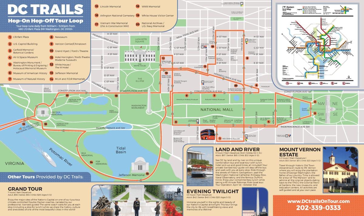 washington hop on hop off bus de la carte de l'itinéraire