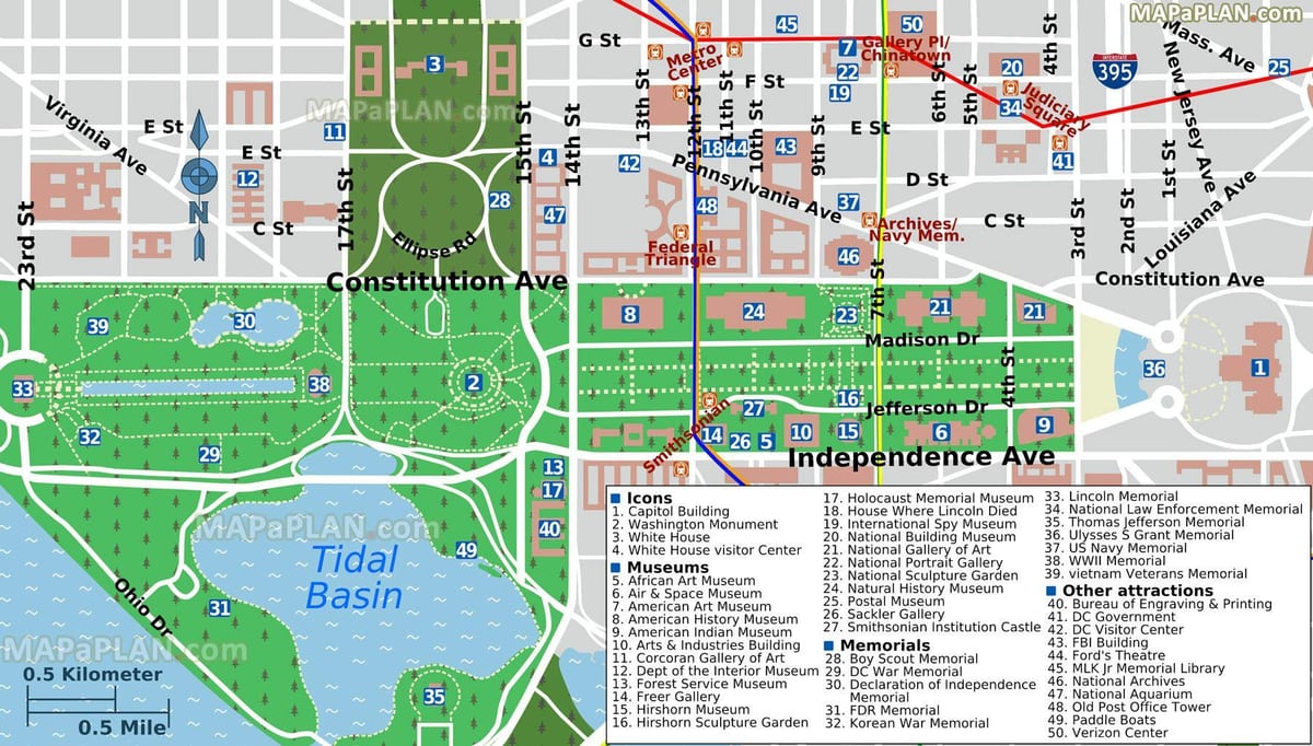 la carte de washington, dc, du centre commercial et des musées