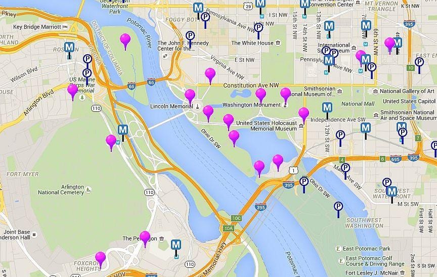 washington monuments commémoratifs de la carte